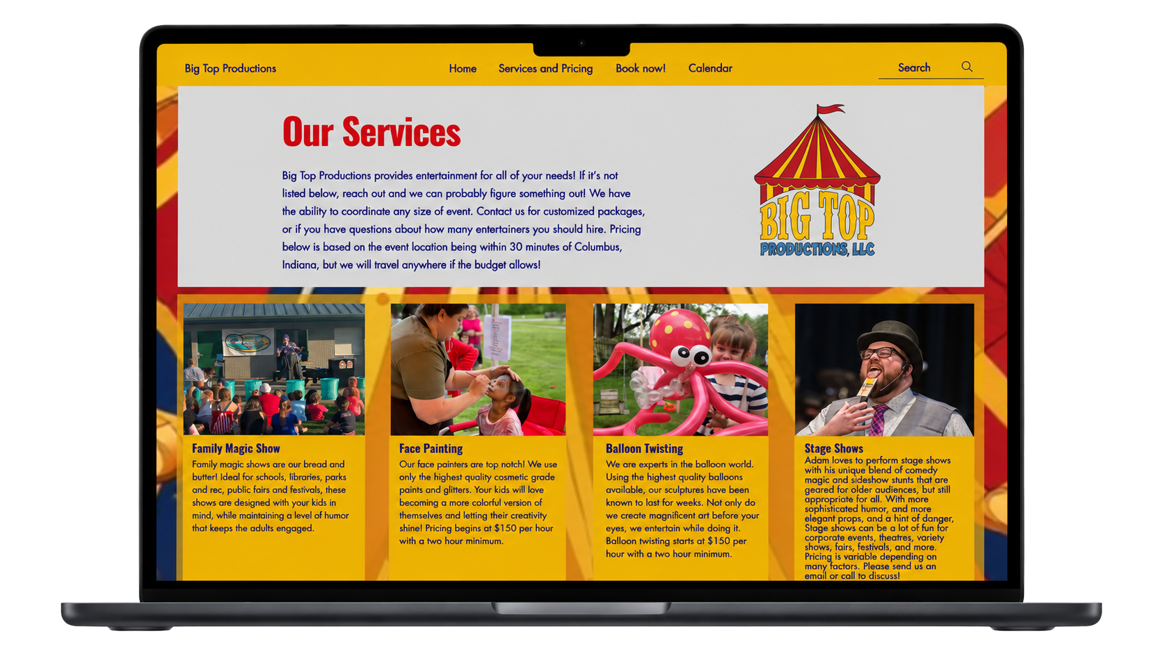 Big Top Productions website before redesign shown in laptop frame