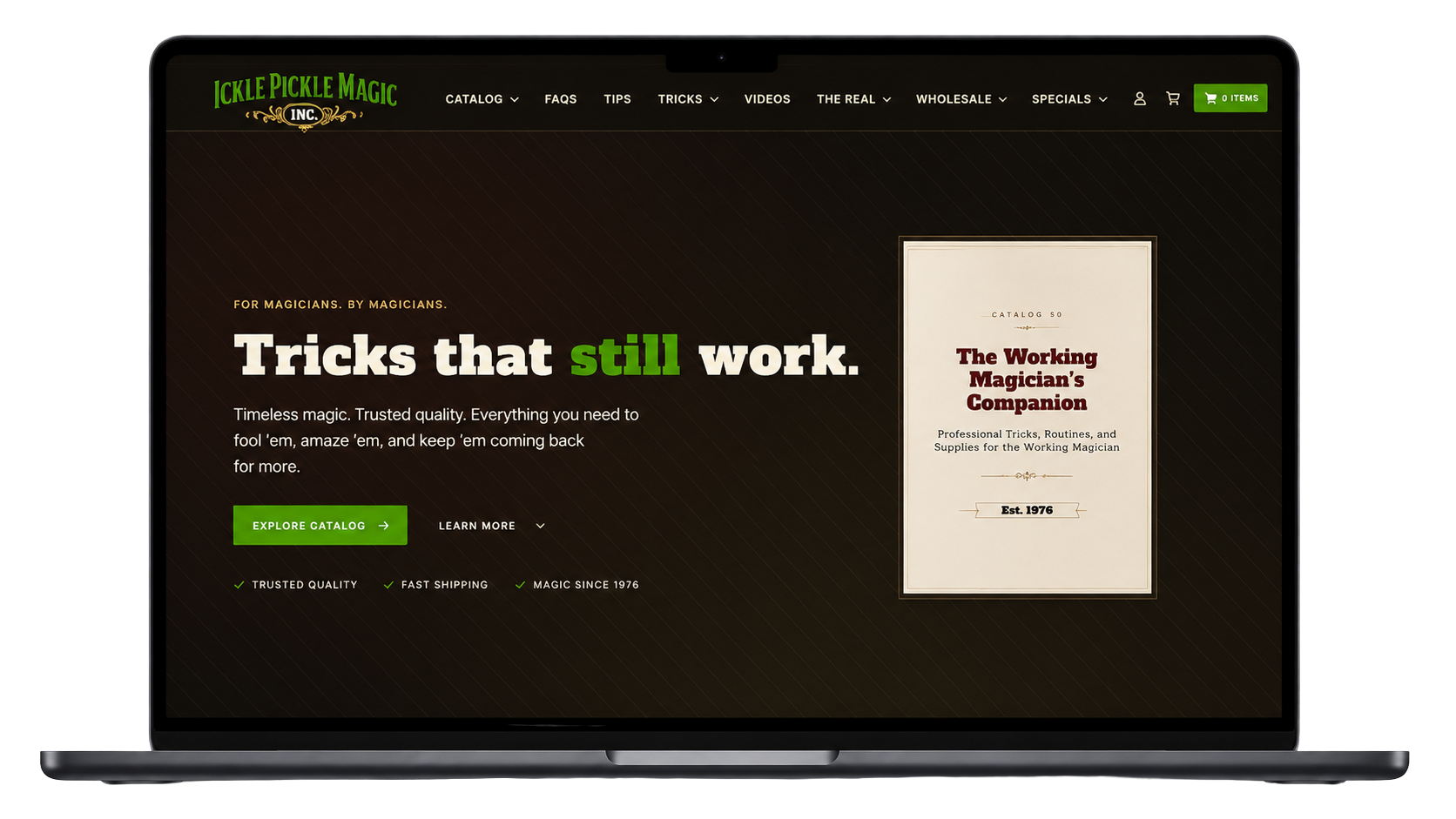 Ickle Pickle Magic website after redesign shown in laptop frame