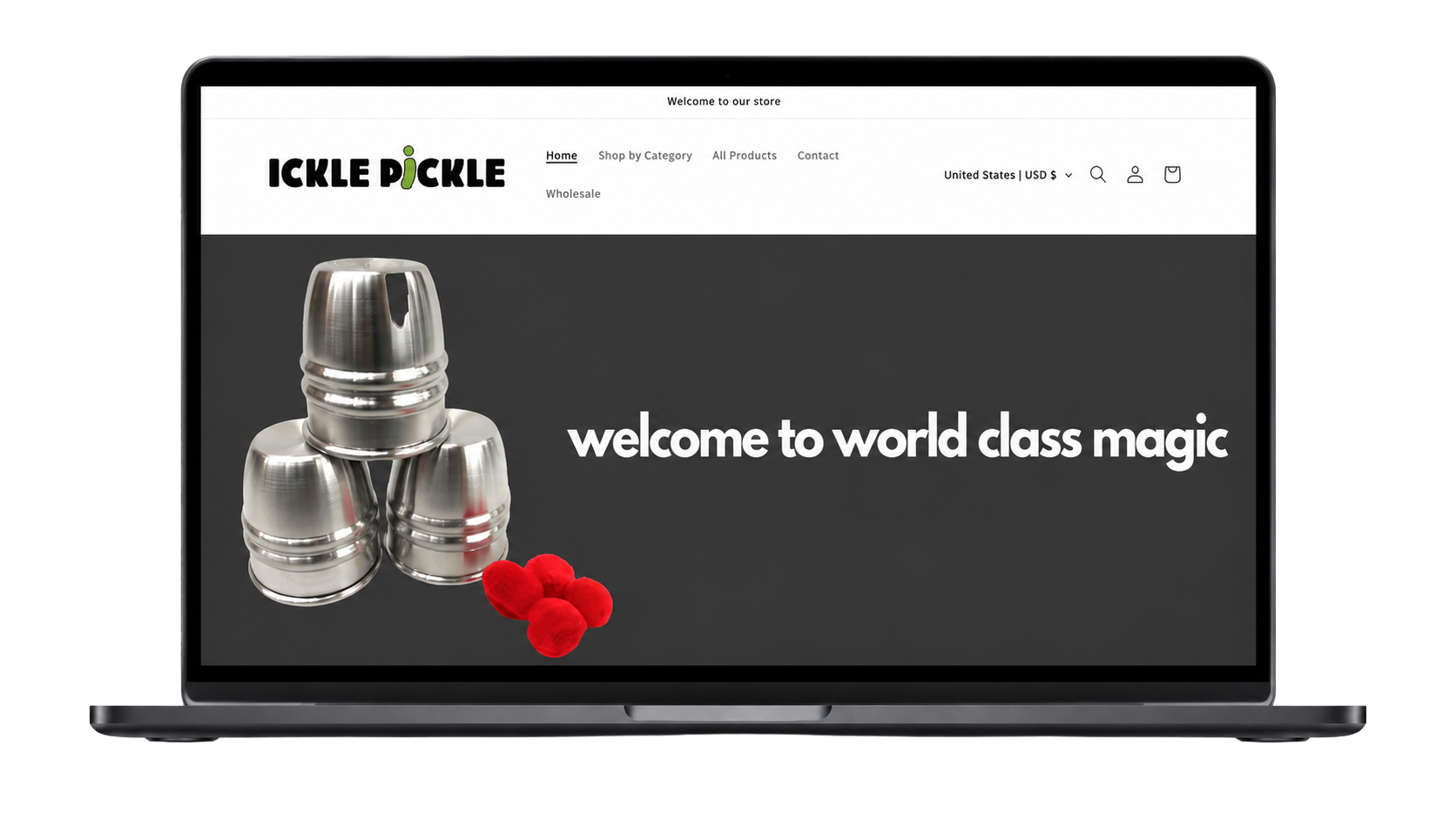 Ickle Pickle Magic website before redesign shown in laptop frame
