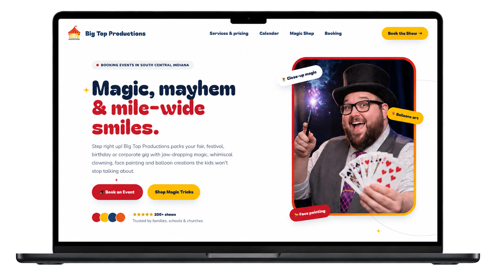 Big Top Productions website after redesign shown in laptop frame